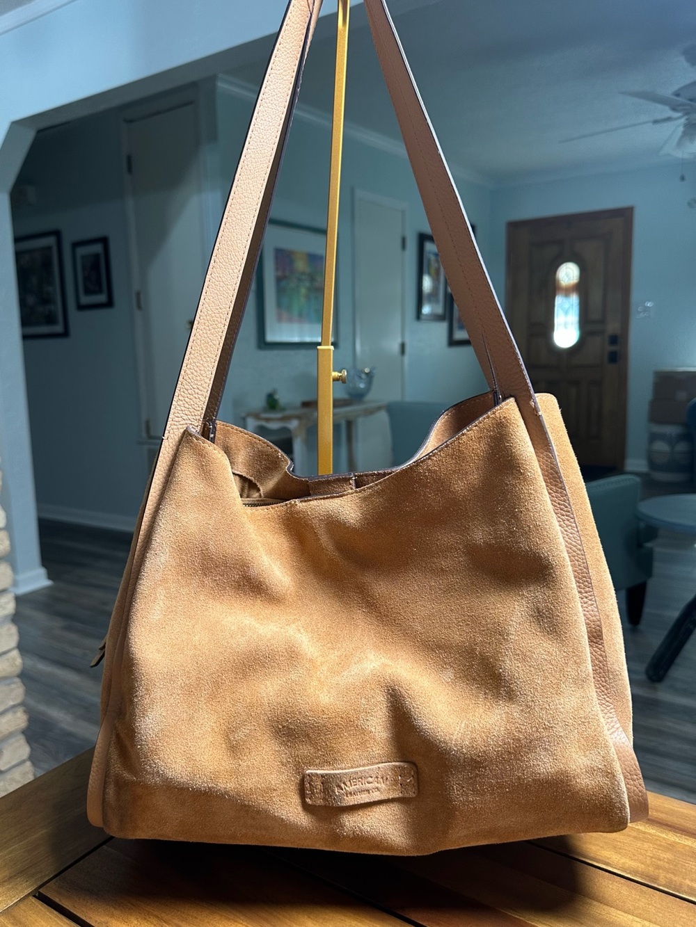Suede Slouchy Shoulder Bag in Camel Brown
